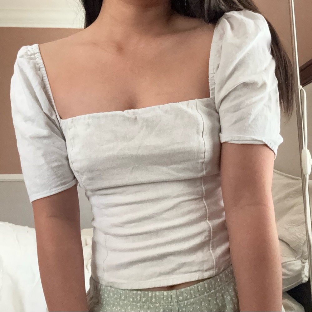 Abercrombie & Fitch White Linen Puff Sleeve Top